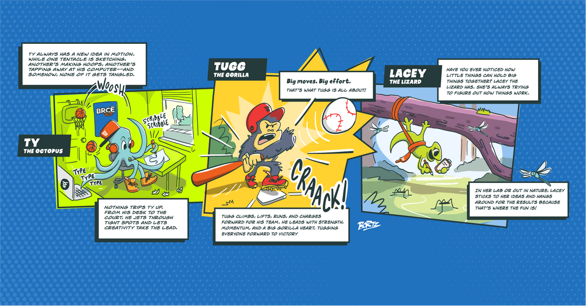 Kids Comic 1 THE BRCE Laces adventurers TY the octopus, Tugg the gorilla, and Lacey the lizard having adventures wearing their untie-resistant kids laces built for adventure