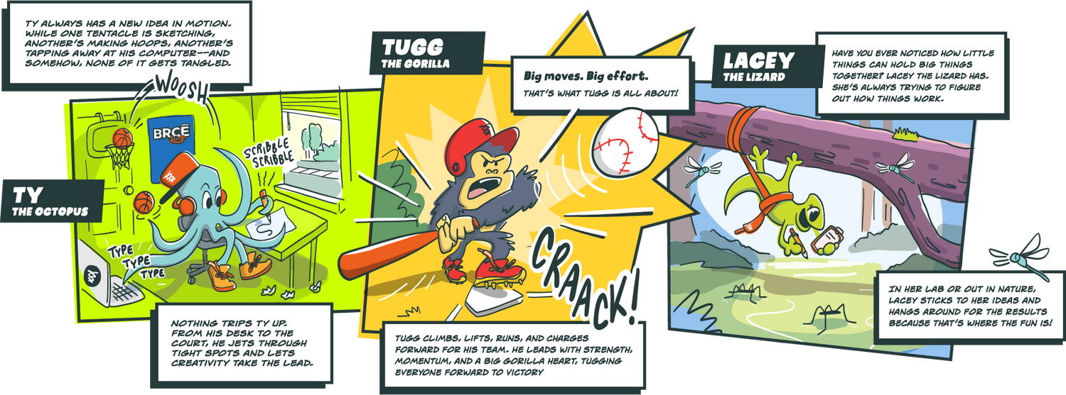 Kids Comic 1 THE BRCE Laces adventurers TY the octopus, Tugg the gorilla, and Lacey the lizard having adventures wearing their untie-resistant kids laces built for adventure