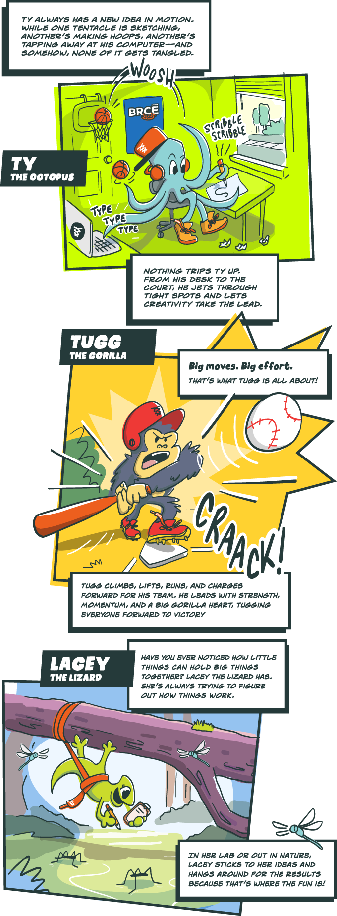 Kids Comic 1 THE BRCE Laces adventurers TY the octopus, Tugg the gorilla, and Lacey the lizard having adventures wearing their untie-resistant kids laces built for adventure
